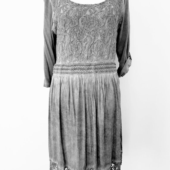 Heine Grey Boho Lace Trim Half Sleeve Dress Stretchy & Lined Size 42 / Au 12 - Picture 2 of 16